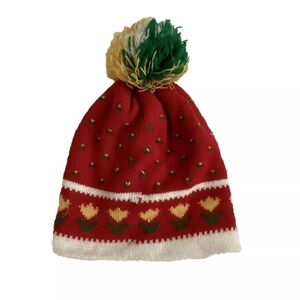 Vintage Knit beanie Pom Pom Tulip Floral Hat
